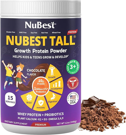 NuBest Tall Protein Powder for Kids & Teens - Whey Protein Powder - Chocolate Protein Powder Shake - Protein Drink with Probiotics, Omega 3-6-9, Vitamin D3 + K2, Calcium, Vitamin - 15 Servings