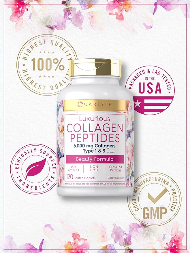 Carlyle Collagen with Vitamin C | 6000mg | 120 Caplets | Multi Collagen Peptide Pills | Type 1 and 3 | Non-GMO, Gluten Free, Grass Fed