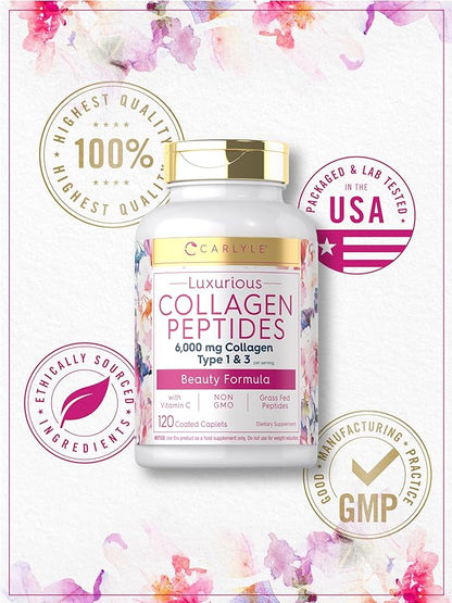 Carlyle Collagen with Vitamin C | 6000mg | 120 Caplets | Multi Collagen Peptide Pills | Type 1 and 3 | Non-GMO, Gluten Free, Grass Fed