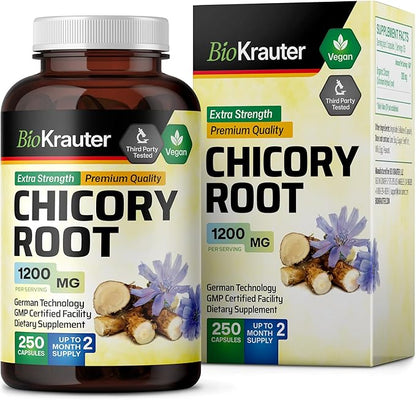 BIO KRAUTER Chicory Fiber Supplement - 1200 mg Strength - 250 Count - Chicory Root Powder - Inulin Capsules for Digestive Support - Vegan