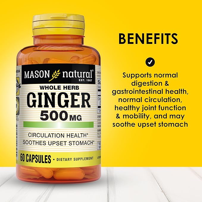 MASON NATURAL Whole Herb Ginger 500 mg, 2 Month Supply, Natural Herbal Supplement, 60 Capsules