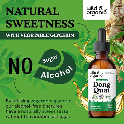 Wild & Organic Dong Quai Tincture 500 mg - Angelica Root Supplements for Women - Dong Quai Root Liquid Extract Drops - Angelica Sinensis Herb - No Sugar & Alcohol - 2 fl oz