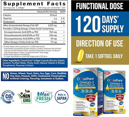 LABO Nutrition OmaxPure Omega3 Fish Oil - 1125mg Omega 3 IFOS Certified - High Potency rTG Omega Fish Oil Supplement with DHA & EPA - for Heart, Brain, Joint & Immune Support - 120 Softgels