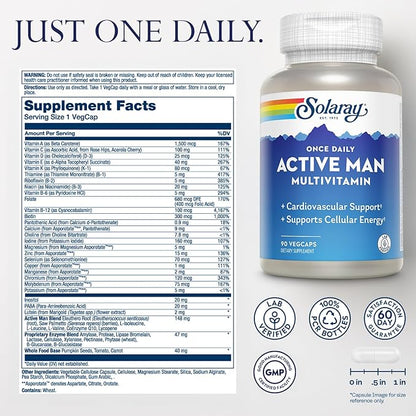 SOLARAY Once Daily Active Man Multivitamin & Mineral, Multivitamin for Cardiovascular, Support, Energy & Focus, Digestive Enzyme Blend, Amino Acids and Whole Food Base, 90 Servings, 90 VegCaps