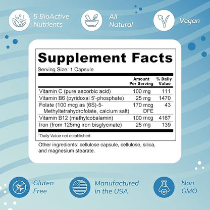 Blood Booster Iron Supplement for Energy and Fatigue - Gentle, Non-constipating Iron, Methylfolate and Other coenzyme B Vitamins (180 caps - Vegan, Gluten Free, Non-GMO)