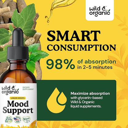 Wild & Organic Mood Support Drops - Good Mood Supplements w/Ashwagandha Root & Rhodiola Rosea - Natural Liquid Drops for Positive Energy - Calm and Relax Supplements for Women and Men - 2 oz