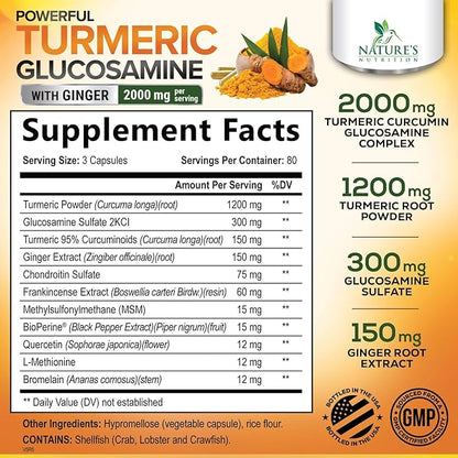 Turmeric Curcumin Supplement 2000mg with Glucosamine Chondroitin & Ginger, 95% Curcuminoids, BioPerine Black Pepper for Best Absorption, Nature's Joint Support, Non-GMO, Bottled in USA - 240 Capsules