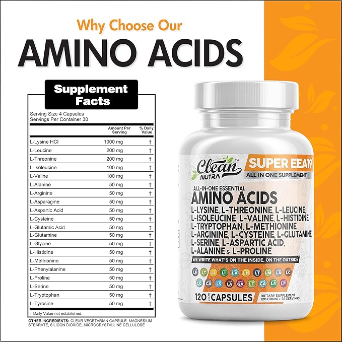 Clean Nutraceuticals Amino Acids Supplement L-Lysine, L-Threonine, L-Leucine, Isoleucine, Valine, L-Histidine, L-Tryptophan, L-Methionine, L-Arginine, L-Cysteine, L-Glutamine, L-Serine, Aspartic Acid