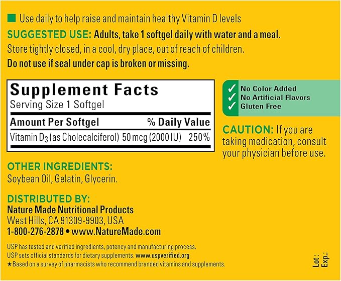 Nature Made Vitamin D3 2000 IU (50 mcg), Dietary Supplement for Bone, Teeth, Muscle and Immune Health Support, 250 Softgels, 250 Day Supply