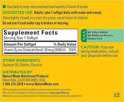 Nature Made Vitamin D3 2000 IU (50 mcg), Dietary Supplement for Bone, Teeth, Muscle and Immune Health Support, 250 Softgels, 250 Day Supply