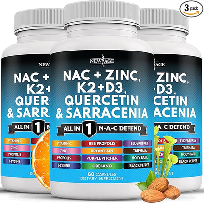 NEW AGE NAC Supplement N-Acetyl Cysteine- with Vitamin D3, K2, Zinc, Quercetin, Triphala, Sarracenia Purpurea, Elderberry, Holy Basil, Bee Propolis, Bromelain, L-Lysine - 180 Count
