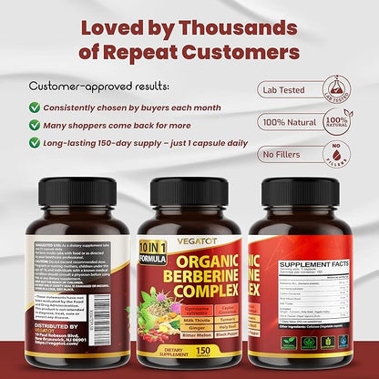VEGATOT GlucoSavior Berberine Supplement with Ceylon Cinnamon, Bitter Melon, Gymnema - Supports Immune, Heart Health & Gastrointestinal Function - Made in The USA (150 Count (Pack of 1))