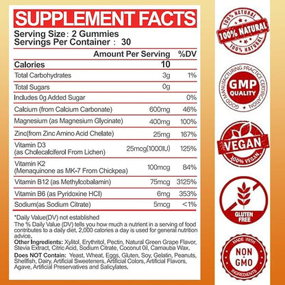 Calcium Magnesium Zinc Gummies with Vitamin D3 & K2 - High Absorption Magnesium Glycinate 400mg - Sugar Free Calcium Supplement - Support Nerve Muscle Mood & Immunity - for Adults Men Women Kids