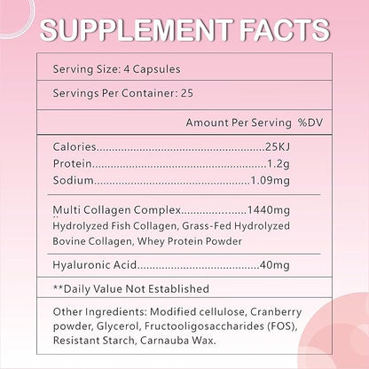Collagen Peptides Capsule，Naturally Sourced Hydrolyzed Collagen with prebiotic & Cranberry Extract - Hair, Skin, Nail, Joint, Digestive Health & Immune Support, Non-GMO, 100 Capsule.