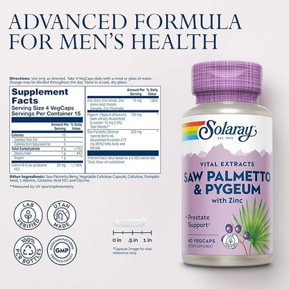 SOLARAY Saw Palmetto and Pygeum - Saw Palmetto for Men and Pygeum Bark - with Zinc, Vitamin B6, Pumpkin Seed and Amino Acids - Prostate Supplements for Men w/Beta Sitosterol (60 VegCaps)