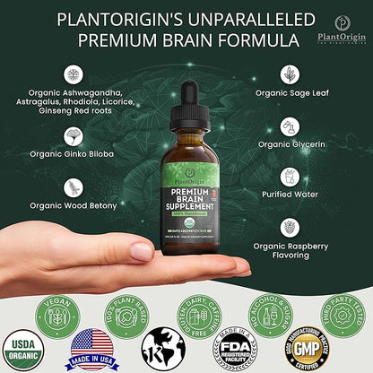 Premium Brain Nootropic Drops |Memory Focus & Concentration | Ashwagandha Ginseng & Ginkgo Biloba | USDA Organic Vegan & Non GMO | Gluten Free 30 Servings 2 OZ