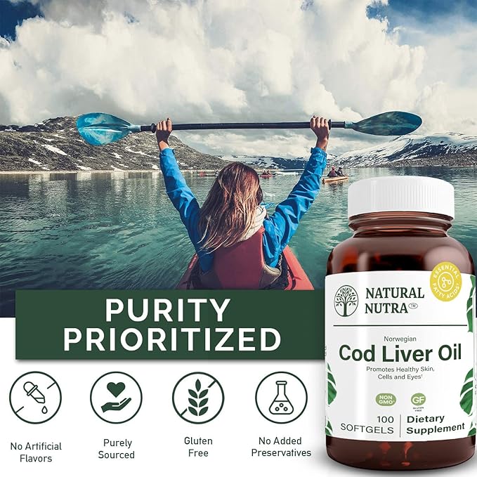 Natural Nutra Norwegian Cod Liver Oil Supplement, Helps to Maintain Skin, Helps Maintain Body Density, Eye Health & Nerve Function, Promotes Dental Health, Supports Cardiovascular Health, 100 Softgels