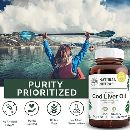 Natural Nutra Norwegian Cod Liver Oil Supplement, Helps to Maintain Skin, Helps Maintain Body Density, Eye Health & Nerve Function, Promotes Dental Health, Supports Cardiovascular Health, 100 Softgels