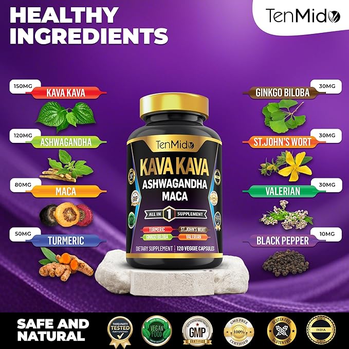 Kava Kava Root Supplement - 8in1 Formula - Combine with Ashwagandha, Maca, Turmeric, Ginkgo Biloba, St. John's Wort, Valerian & Black Pepper - 120 Vegan Capsules, 4 Months Supply