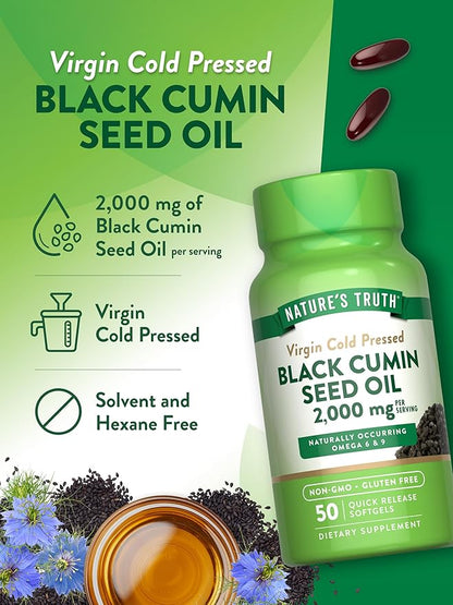 Nature's Truth Black Cumin Seed Oil 2000 mg | 50 Softgels | Cold Pressed Pills | Non-GMO, Gluten Free