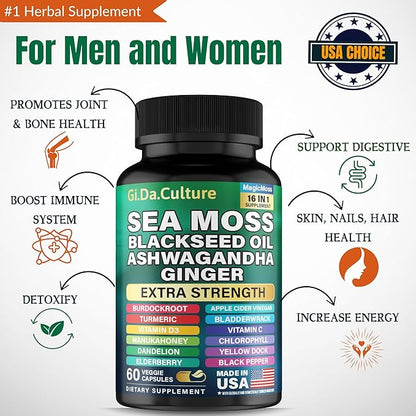Sea Moss and Shilajit Bundle - Shilajit and Sea Moss Combo with Ashwagandha Black Seed Oil Turmeric Bladderwrack Burdock Root Black Pepper with Vitamins and Antioxidants - 60 Day Supply