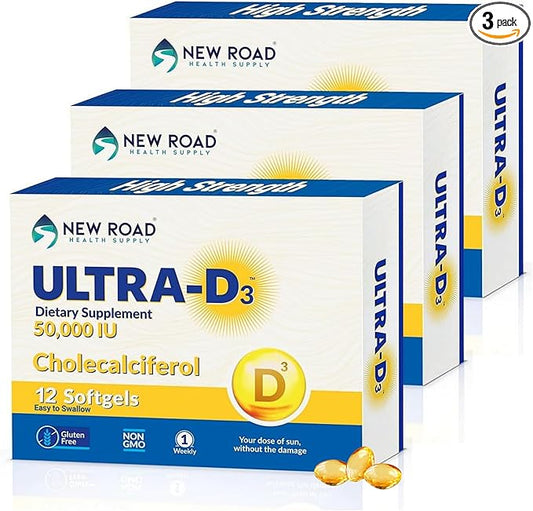 New Road Health Supply - Vitamin D 50000 IU, Once Weekly Dose, Easy to Swallow Vitamin D Softgel for Bones, Teeth, and Immune Support, Gluten Free, 12 Count, Pack of 3
