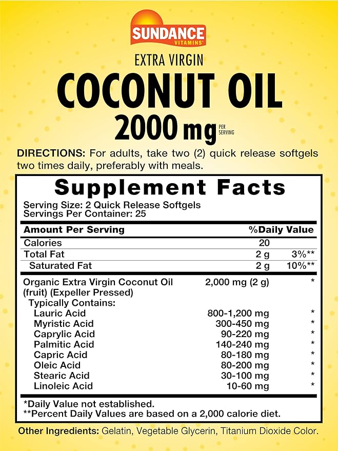 Sundance Extra Virgin Coconut Oil Softgels | 2000mg | 50 Count | Non-GMO and Gluten Free Supplement