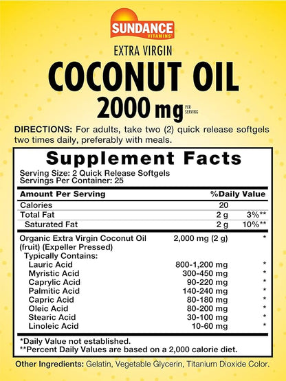 Sundance Extra Virgin Coconut Oil Softgels | 2000mg | 50 Count | Non-GMO and Gluten Free Supplement
