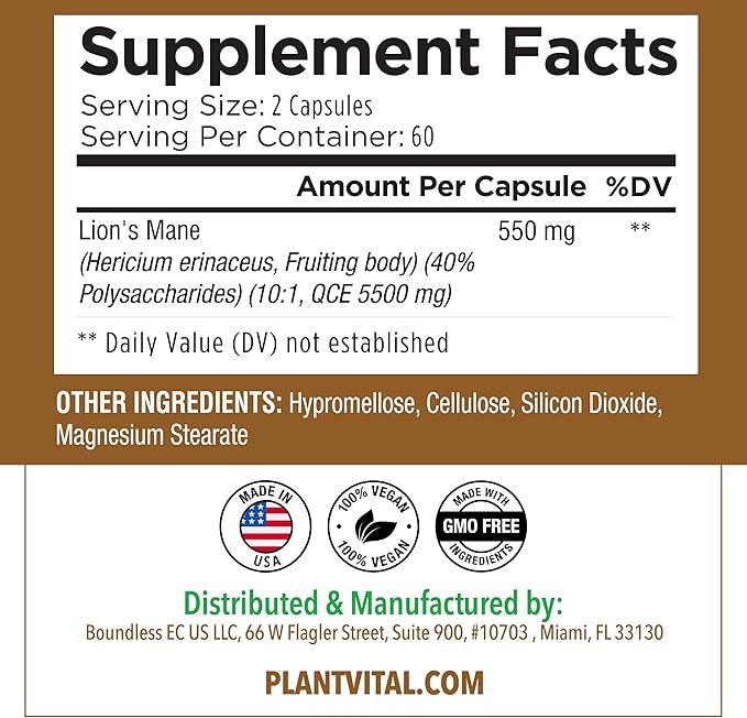 Plantvital Lions Mane Supplement - Organic Lion's Mane Mushroom Capsules 11,000mg (10:1 Extract) with 40% Polysaccharides - Immune System and Normal Brain Support Nootropic -2 Month Supply- 120 Count