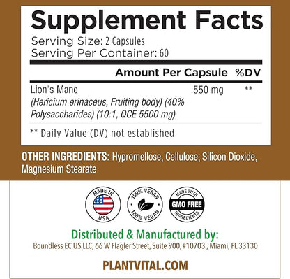 Plantvital Lions Mane Supplement - Organic Lion's Mane Mushroom Capsules 11,000mg (10:1 Extract) with 40% Polysaccharides - Immune System and Normal Brain Support Nootropic -2 Month Supply- 120 Count