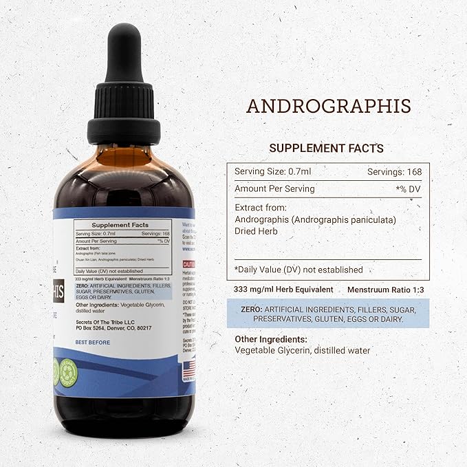 Secrets of the Tribe Andrographis Alcohol-Free Liquid Extract, Andrographis (Fah talai jone, Chuan Xin Lian, Andrographis paniculata) Tincture Supplement (2x4 FL OZ)