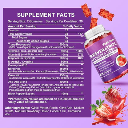 Resveratrol Gummies 1500mg - Resveratrol Supplement with NAC, Vitamin C, E, Quercetin, Berberine, CoQ10, Antioxidant, Healthy Aging & Longevity, Skin, Joint, Brain Wellness - 60 Gummies