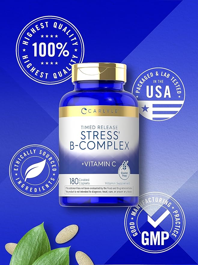 Carlyle Stress B-Complex Vitamin | 180 Vegetarian Caplets | with Vitamin C | Non-GMO & Gluten Free Supplement
