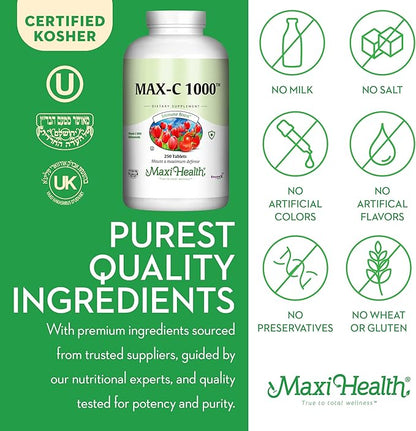 Maxi Health 1000 mg Vitamin C - 1000mg Tablets Ultra High Absorption Formula - Gluten Free Kosher Dietary Non GMO Supplement for Immune Support - Vitamin C Tablets from Ascorbic Acid, (250 Count)