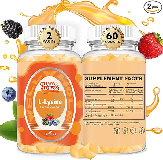 L-Lysine Gummies 1000mg - L-Lysine Supplements for Kids and Adults - Lip and Cold Sore* Support for Women - Chewable Lysine Gummies with Vitamin B12 - Vegan, Non GMO, Gluten-Free, 120 Counts