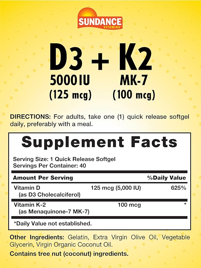Sundance Vitamin D3 K2 | 40 Quick Release Softgels | 5000 IU | Non-GMO and Gluten Free Supplement