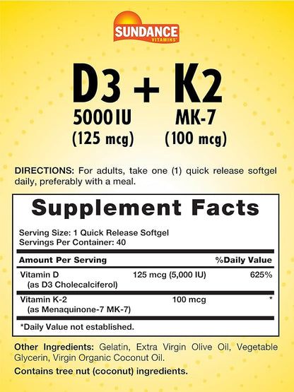 Sundance Vitamin D3 K2 | 40 Quick Release Softgels | 5000 IU | Non-GMO and Gluten Free Supplement