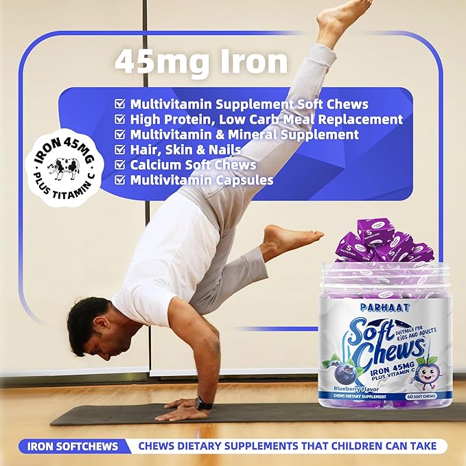 Iron Soft Chew Supplement with Vitamin C | Blueberry Flavored | Gluten Free | Iron Supplement for Women Men and Kids | 60 Count | 2 Month Supply