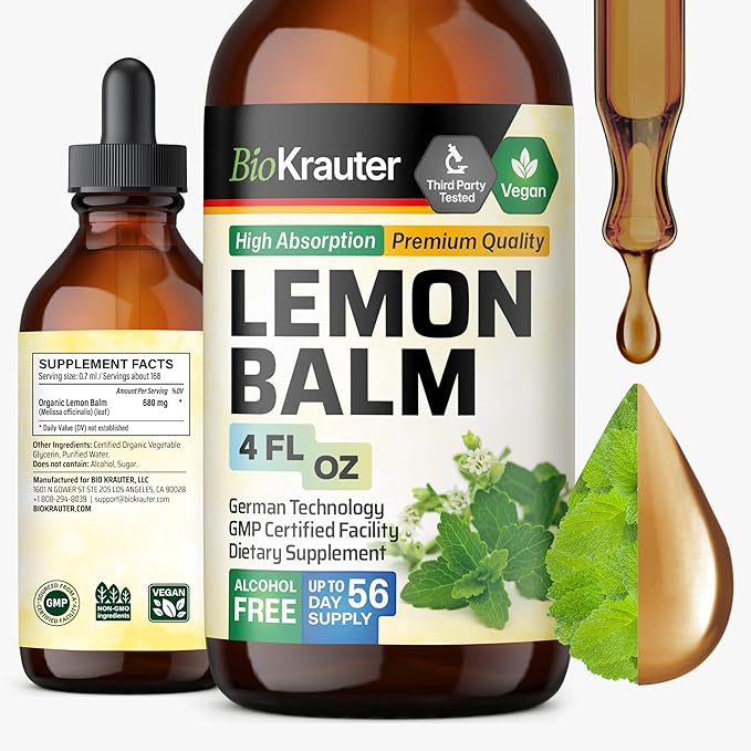 BIO KRAUTER Lemon Balm Leaf Extract - Vegan Melissa Lemon Balm Tincture for Calmness Support - Sugar & Alcohol-Free - 4 Fl. Oz.