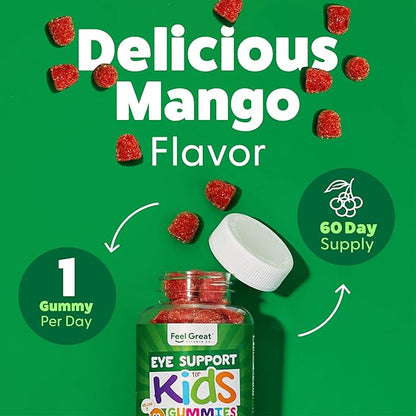 Feel Great Kids Gummy Vitamins for Eyes | Essential Eye Vitamins Lutein and Zeaxanthin | Mango Flavored Vegan Eye Vitamins for Kids | Gluten Free | 60 Day Supply
