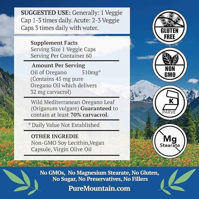 Pure Mountain Botanicals Wild Oregano Oil Capsules - 60 Kosher Vegan Caps Now with 510mg Mediterranean Oil of Oregano Supplement