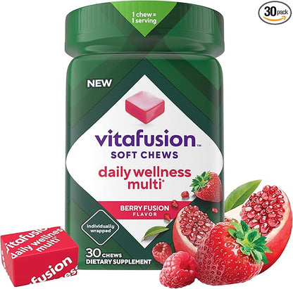 Vitafusion Soft Chews Daily Wellness Multi(1), Chewable Multivitamins for Adults, Individually Wrapped, Berry Fusion Flavor, 30 Chews, 30 Day Supply