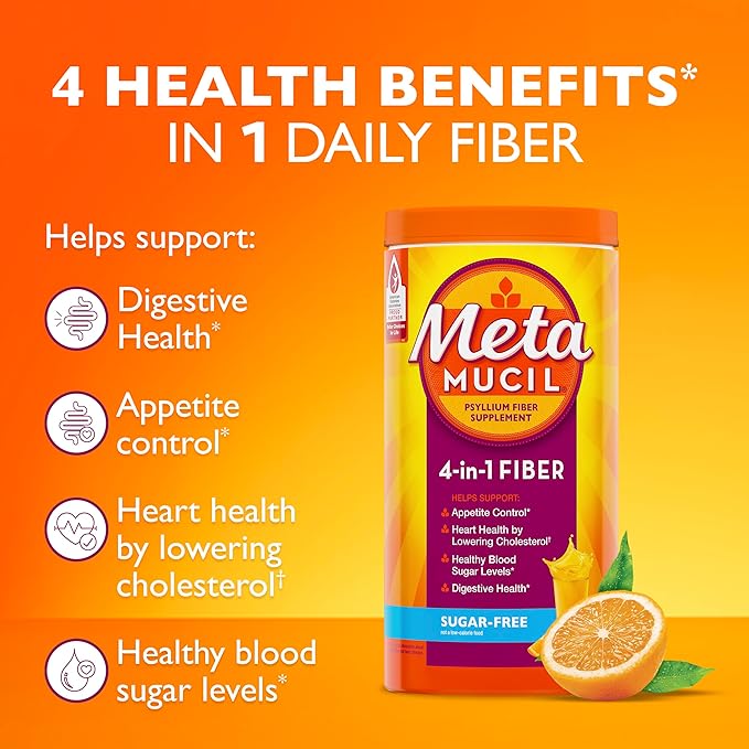 Metamucil 4 in 1 Daily Fiber Supplement Powder, Fiber Powder for Digestive Health and Regularity*, Sugar-Free, Orange, Naturally Sourced Psyllium Fiber, 114 teaspoons