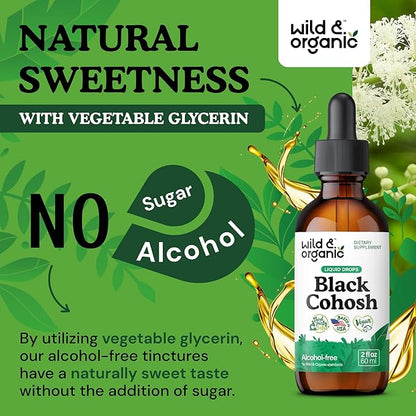 Wild & Organic Black Cohosh Liquid Drops 540 mg - Herbal Supplements for Women - Liquid Black Cohosh Extract Tincture - 2-Month Supply - Vegan, Sugar & Alcohol-Free - 2 fl oz