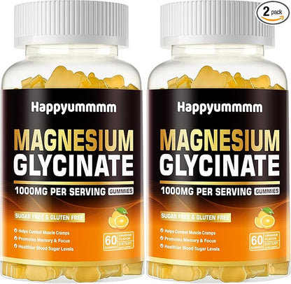 Magnesium Glycinate Gummies 1000mg - Sugar Free Magnesium Potassium Supplement with Vitamin D, B6, CoQ10 for Calm Mood & Sleep Support - 120 Orange Gummies.
