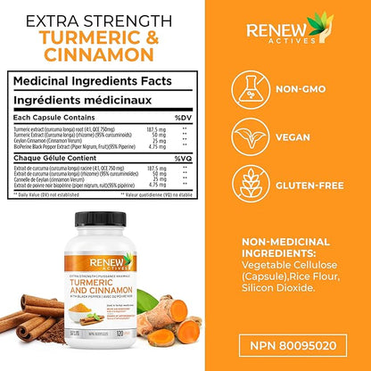 Renew Actives Organic Turmeric 474MG & Cinnamon 50MG per 2 Capsules – with Curcumin & BioPerine for Absorption – Supports Metabolism, Joint Health & Digestion – Made in Canada – 120 Capsules