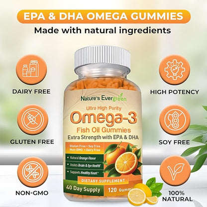 Extra Strength Omega 3 Fish Oil Gummies with DHA & EPA | Ultra High Purity Omega 3 Gummy Supplement for Healthy Heart, Joint & Brain Support | Nature's Vitamins, Orange Flavor | 120 Gummies