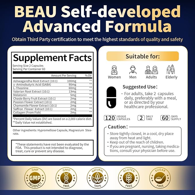 Melatonin 5mg Extended Release Supplements - Women Men Night Support, Relaxation & Immune - 10-in-1 Melatonin Capsules with Ashwagandha & GABA, Sugar Free, 120 Capsules, 60-Day Supply