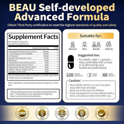 Melatonin 5mg Extended Release Supplements - Women Men Night Support, Relaxation & Immune - 10-in-1 Melatonin Capsules with Ashwagandha & GABA, Sugar Free, 120 Capsules, 60-Day Supply