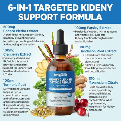 Kidney Cleanse Detox & Repair Liquid Drops, Kidney Support Supplement Enhanced with Chanca Piedra, Cranberry, Dandelion, Parsley, Turmeric Root, Magnesium Citrate, 2 Fl Oz